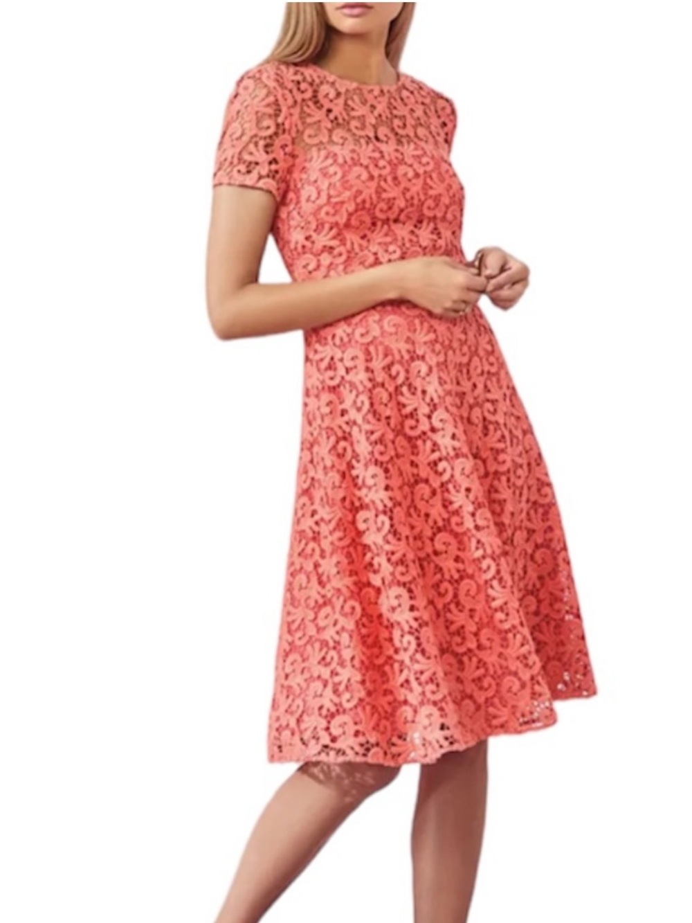 ST. JOHN Peach Pink Guipure Lace Short Sleeve Fit Flare Midi Dress Size 16